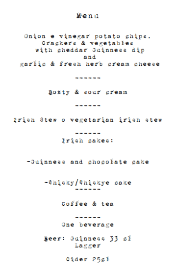 irish menu La fabrica quoi 2015